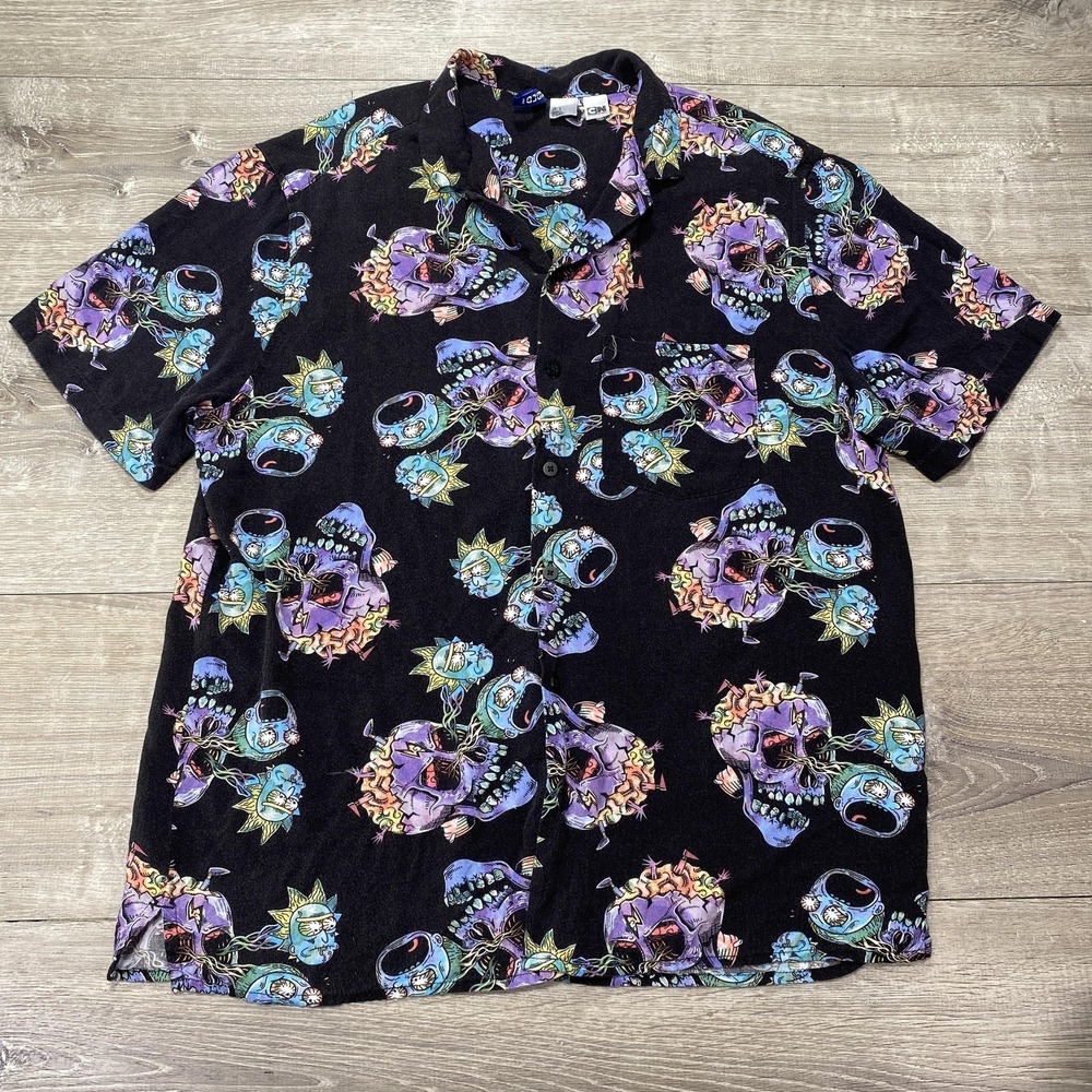 Rick and Morty Shirt Mens‎ Large Black Button Up Hawaiian All Over Print Skull